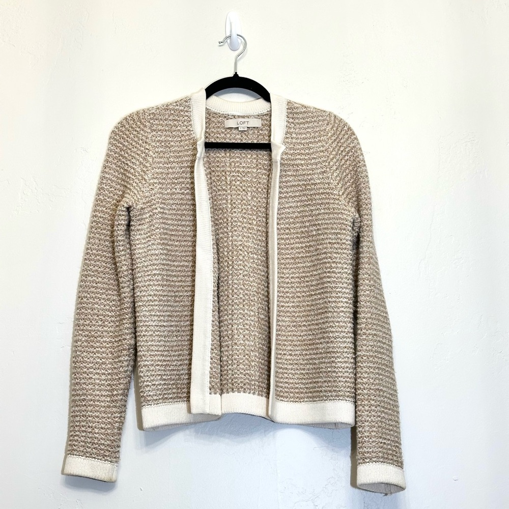 LOFT Tan and White Cardigan Sweater Classic Open-Front Design